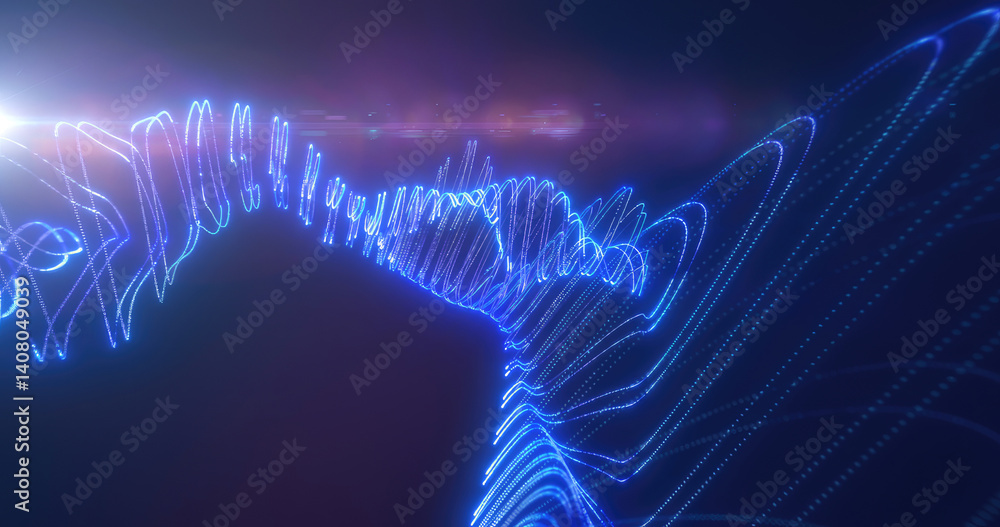 Poster mesmerizing blue luminescent waveforms creating a digital, futuristic look with a sense of technolog