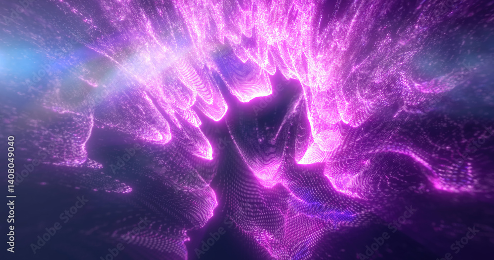 Poster abstract purple stream of light with digital textures, creating a dynamic energy effect in a dark sp