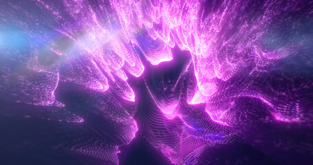 Abstract purple stream of light with digital textures, creating a dynamic energy effect in a dark space