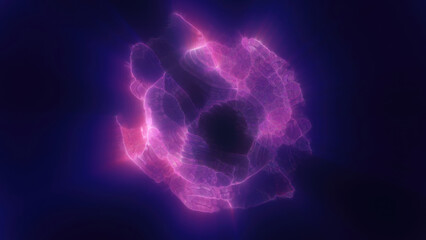 A purple glowing fragmented sphere, resembling a futuristic energy core suspended in darkness