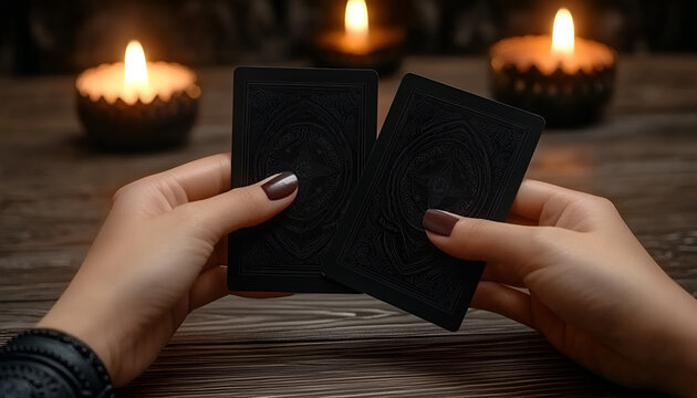 Tarot reader or Fortune teller of hands holding up black deck tarot cards. Tarot cards are spread on a table near burning candles. Forecasting concept