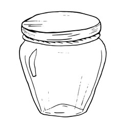Glass jar with lid Black and white vector illustration. Image of a transparent bottle with a stopper, on a white background. A sketch of antique kitchen utensils, an ink drawing of an empty container