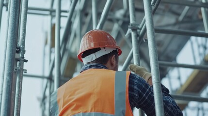 Construction worker adjusting a scaffolding setup. Featuring construction safety and precision