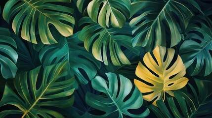 A vibrant display of tropical monstera leaves in shades of green and yellow.