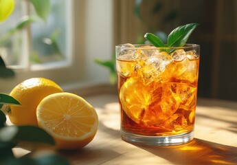 Refreshing Iced Beverage with Lemon Slices and Fresh Green Mint Leaves in Sunlit Setting on Wooden Table