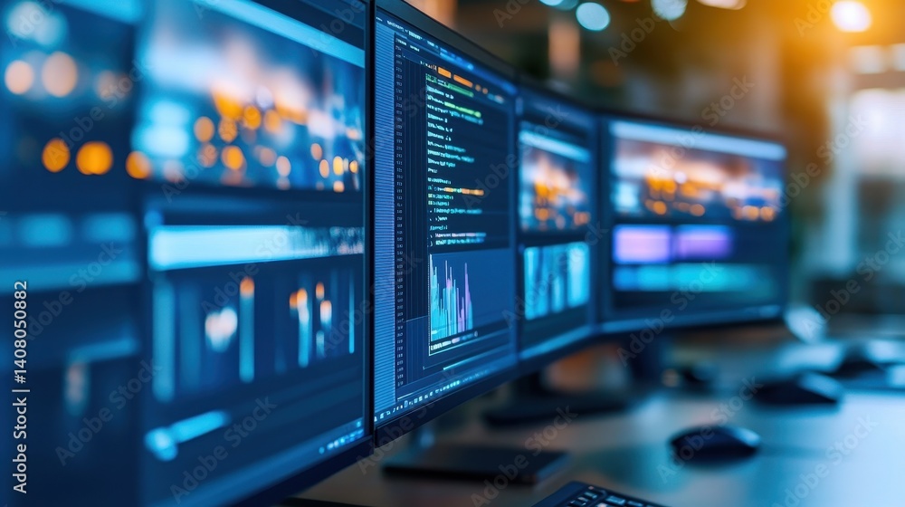 Poster multiple monitors displaying vibrant data visualizations in a modern workspace during sunset
