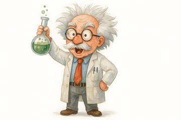 Funny cartoon scientist character with crazy white hair, round glasses, holding a green potion in a lab flask, wearing a white coat and red tie. Perfect for science, education, and kids’ projects.