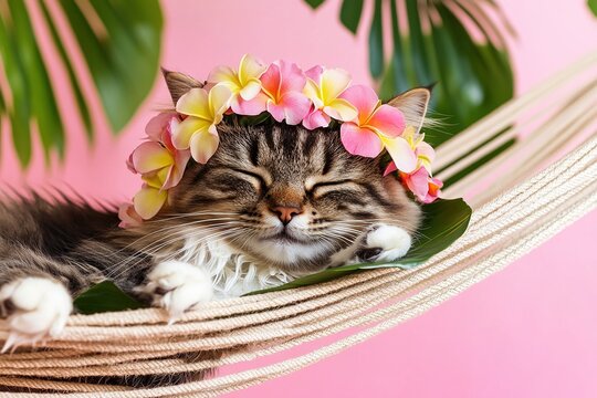 funny humorous image of adorable tabby cat in flower wreath dreaming in white hammock on pastel pink background with green palm tropical leaves around