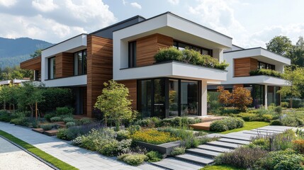 Fototapeta premium residential area,ecological,sustainable green residential buildings low energy detached houses,white facade,flat roof timber construction,green courtyard