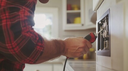 Electrician repairing electrical outlets in a kitchen. Featuring precision and skill