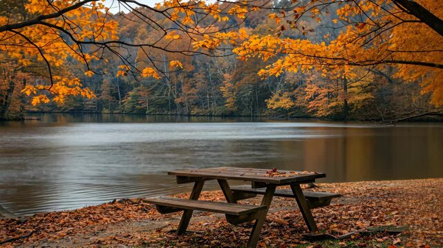 A picnic table beside a tranquil lake with golden leaves on the trees in autumn, shawnee state park