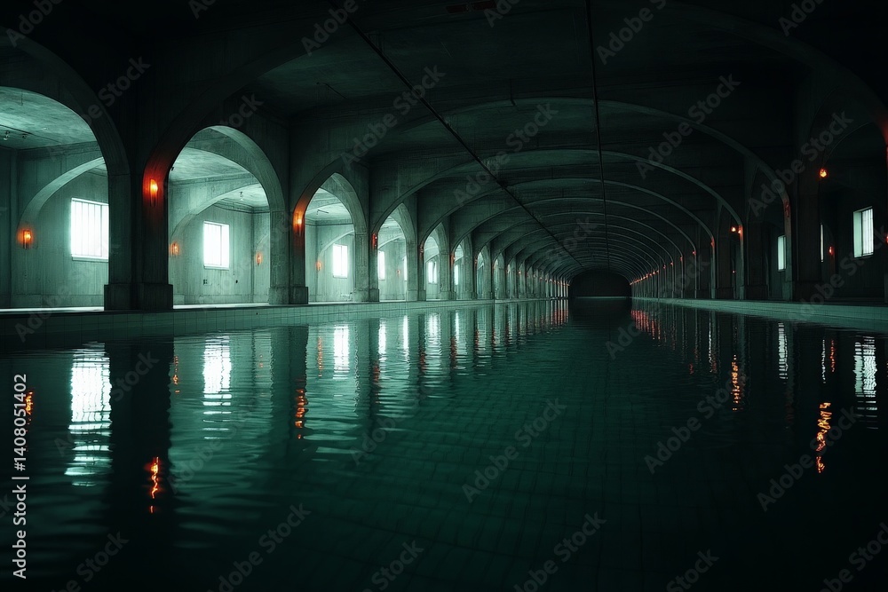 Poster empty underground pool reflecting dim lights and arched architecture in a serene atmosphere