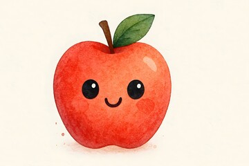A happy apple with expressive eyes and a cute smile, watercolor style, white background. Ideal for kids' products, fun designs, and playful fruit-themed illustrations.
