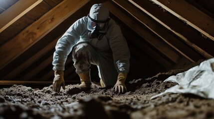 A person in a full-body, light-gray protective suit and safety helmet, inspecting or working on a soil-covered floor