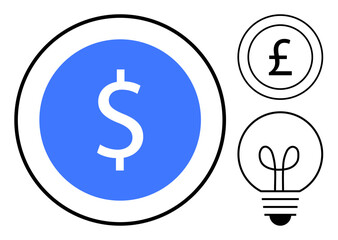 Blue dollar sign in circle, black pound sign, and lightbulb outline representing finance, innovation, and strategy. Ideal for economy, business, investment, creativity entrepreneurship banking