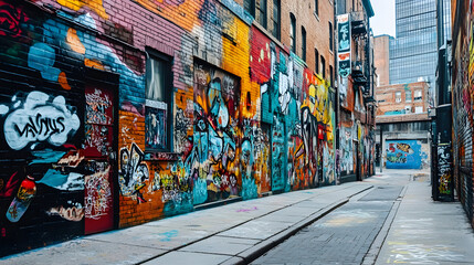 Naklejka premium artist adding finishing touches to a large, colorful mural, with paint splatters and vibrant designs covering a brick wall in a creative urban environment 