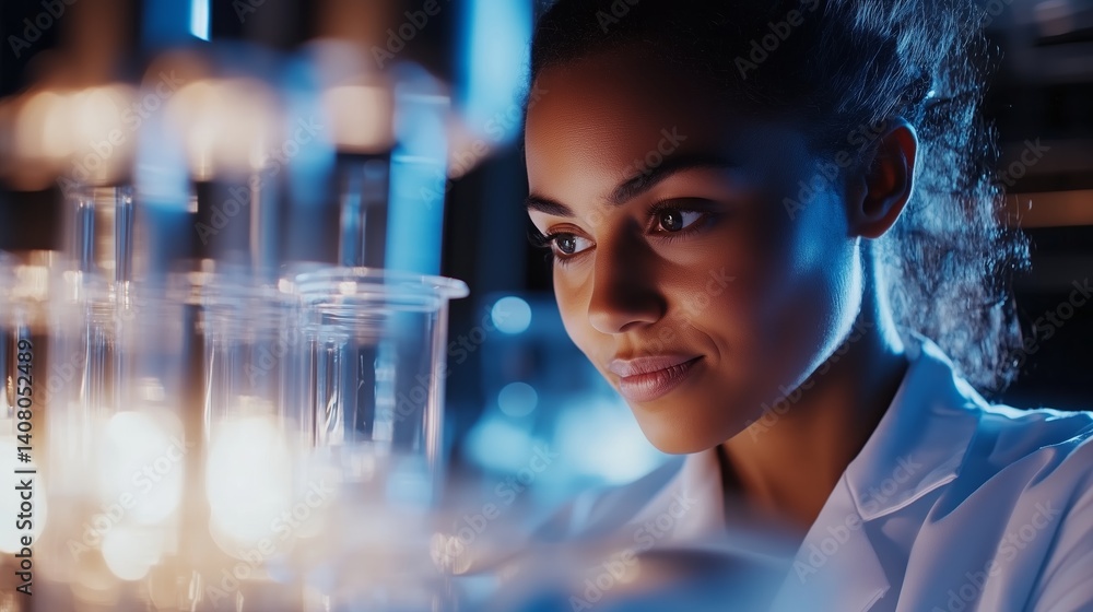 Poster scientist focused on experiment in laboratory during evening research session