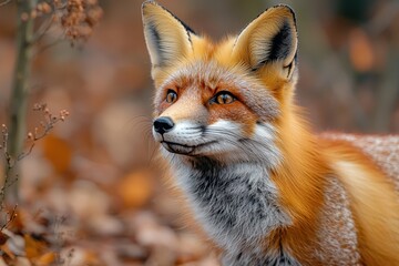 Fototapeta premium Majestic red fox in autumn forest: captivating wildlife in natural habitat