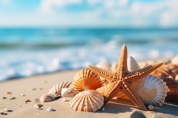 A starfish is laying on the sand next to some shells on sea beach