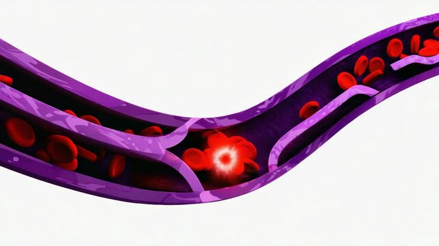 Illustration of Blood Cells Clotting Inside Vein Blocking Blood Flow, Thrombosis, DVT, Embolism