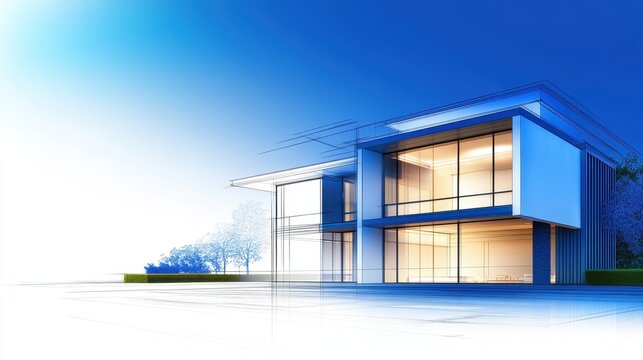 Modern architectural design of a sleek house with large windows and a serene landscape backdrop
