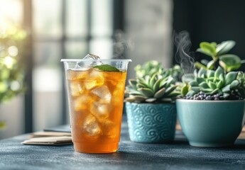 Refreshing iced tea beverage in a clear cup with ice cubes and mint leaves placed on a wooden table with beautiful green succulent plants