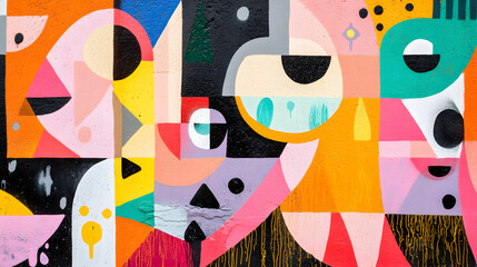 Obraz premium of a colorful, abstract street art piece with swirling shapes, intricate designs, and a mix of bold colors that create an eye-catching effect on the wall 