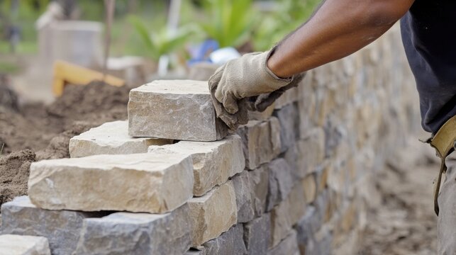 Hispanic mason building a stone retaining wall in a garden. Featuring masonry and garden landscaping