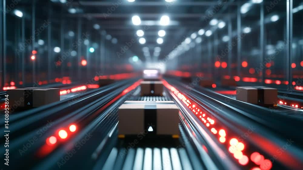 Poster a futuristic logistics hub filled with conveyor belts, where an ai-powered sorting machine rapidly p