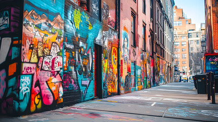 Fototapeta premium artist adding finishing touches to a large, colorful mural, with paint splatters and vibrant designs covering a brick wall in a creative urban environment 