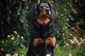 black and brown gordon setter dog sitting outdoors in summer surrounded by greenery and flowers