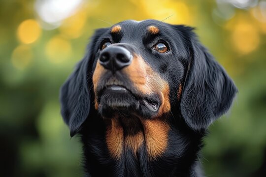 happy smiling black and tan gordon setter dog portrait in summer outdoors