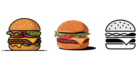Logotype icons burger illustration, outline, silhouettes isolated on white background, Burger icon logo set vector, Burger icon  silhouettes set burger large pack of vector, set of burger silhouette.