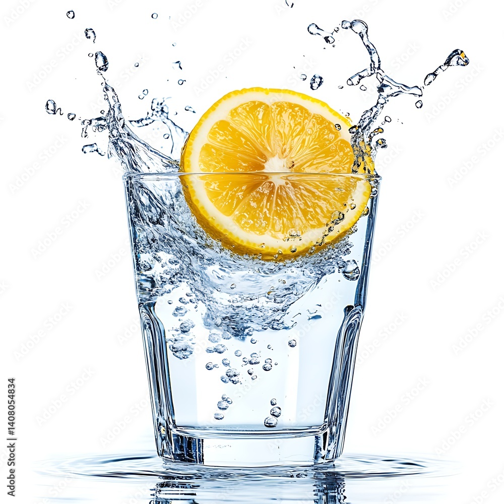 Poster Lemon Splash: A refreshing visual of a juicy lemon slice dramatically plunging into a glass of sparkling water, resulting in a dynamic splash and inviting freshness.