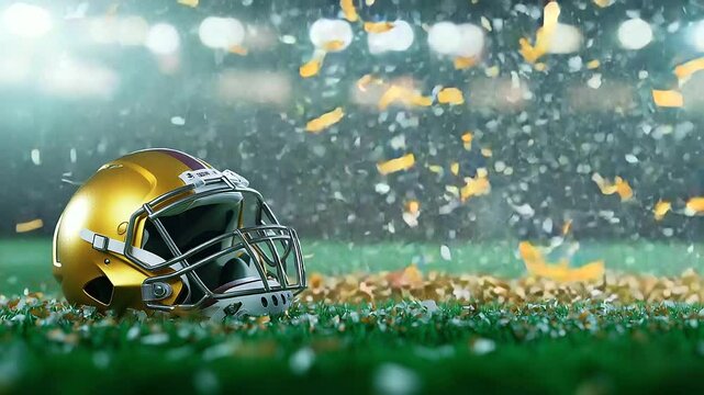A golden football helmet and game ball rest on the vibrant green field as confetti rains down, celebrating a hard-fought Super Bowl victory. Stadium lights shine brightly, marking