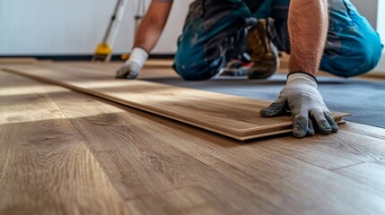 Flooring installer fitting vinyl tiles in a living room. Featuring accuracy and craftsmanship
