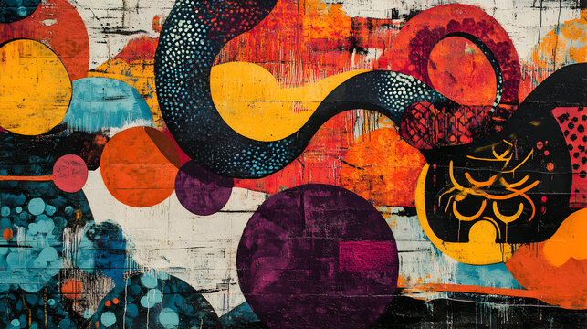 and colorful piece of street art featuring a mix of graffiti and stenciled elements, creating a unique design on a wall in an alleyway 