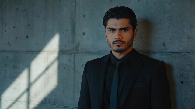 Serious young adult male with a beard wearing a black suit poses against a concrete wall, with light and shadow patterns creating a dramatic look.