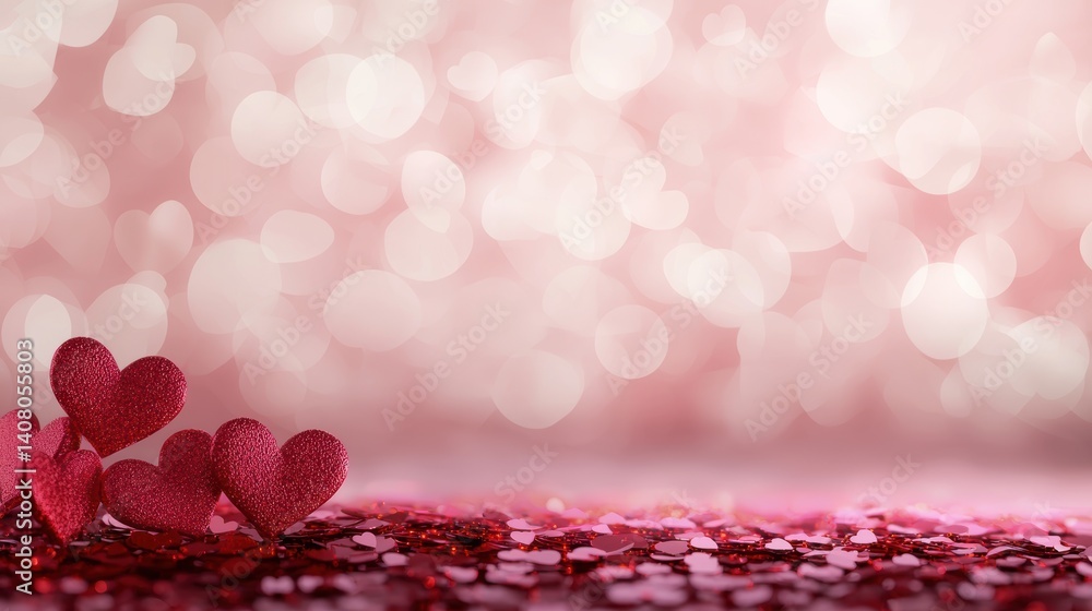 Poster bokeh romantic red bokeh background with glowing hearts softly scattered.