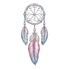 Obraz premium Watercolor Dreamcatcher with Pink and Blue Feathers and Beads