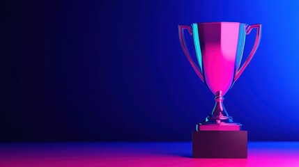 A shiny trophy stands on a pedestal against a vibrant purple and blue gradient background