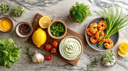 Tartar sauce seafood homemade concept. Fresh ingredients and dishes arranged beautifully for a culinary presentation.