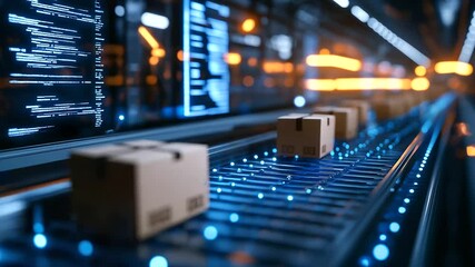 A high-tech logistics center with glowing digital screens displaying tracking data as cardboard boxes move efficiently through an automated sorting conveyor system. - Powered by Adobe