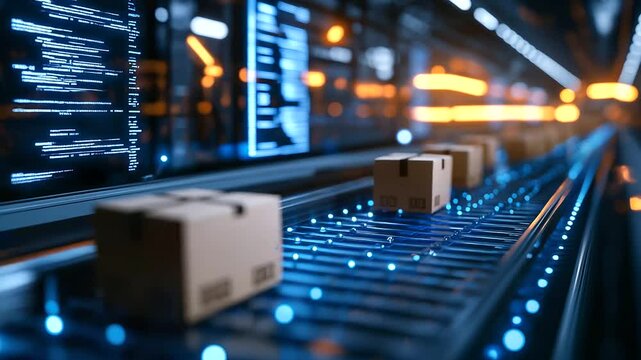 A high-tech logistics center with glowing digital screens displaying tracking data as cardboard boxes move efficiently through an automated sorting conveyor system.