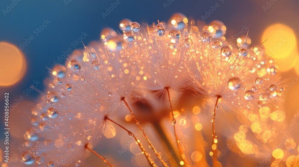 Poster seed of dandelion flower,water drops on blurred background macro view toned in trendy color of 2025 
