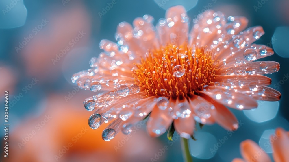 Poster seed of dandelion flower,water drops on blurred background macro view toned in trendy color of 2025 