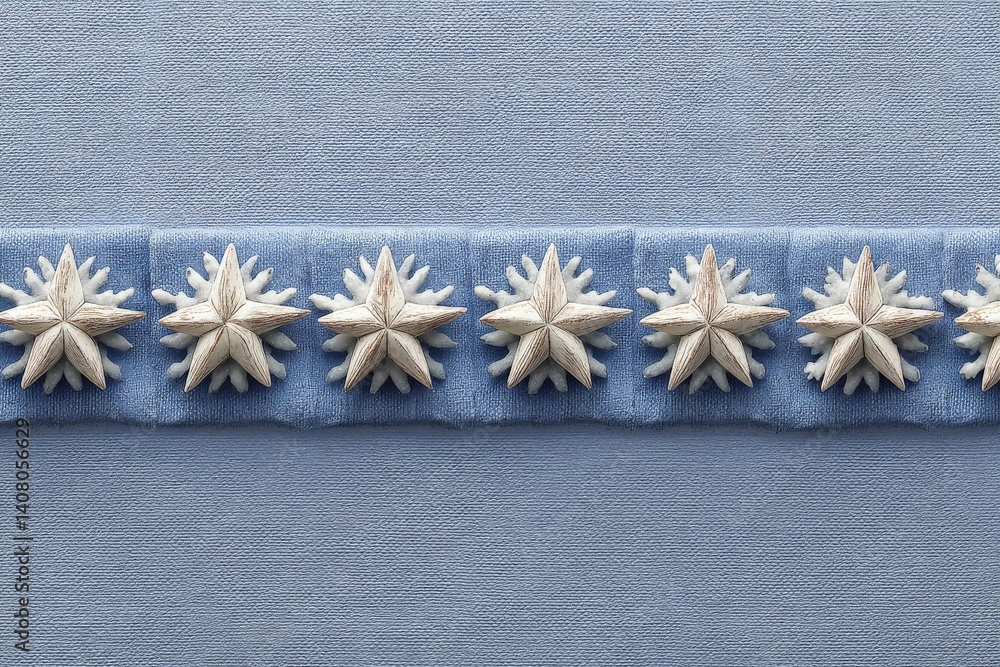 Poster decorative star shells arranged along a blue fabric background highlighting intricate craftsmanship 