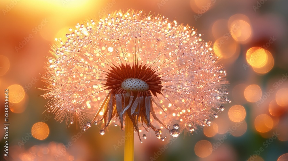 Poster seed of dandelion flower,water drops on blurred background macro view toned in trendy color of 2025 year mocha mousse,stock photo
