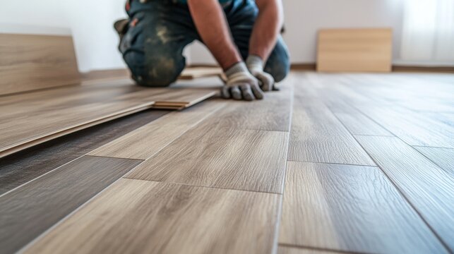 Flooring installer laying down hardwood flooring in a living room. Featuring attention to detail and technique