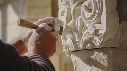 Hispanic mason carving decorative stonework for a historical building. Featuring artistic skill and stone craftsmanship